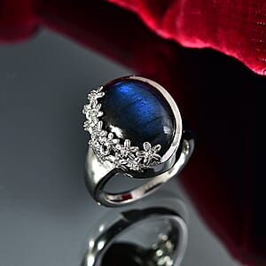 EverTrue AAA Malagasy Labradorite, White Zircon Ring in Platinum Bond 12.80 ctw (Size 10.0)