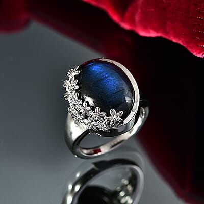 EverTrue AAA Malagasy Labradorite, White Zircon Ring in Platinum Bond 12.80 ctw (Size 10.0)