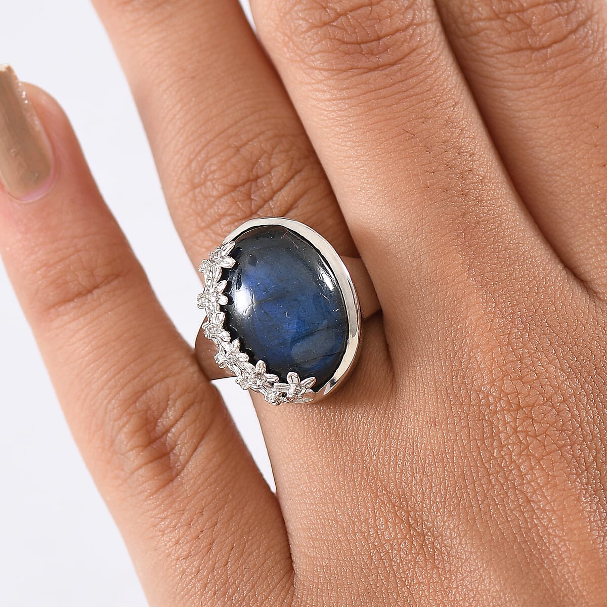 EverTrue AAA Malagasy Labradorite and White Zircon 12.80 ctw Ring in Platinum Bond (Size 10.0) image number 2