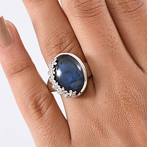 EverTrue AAA Malagasy Labradorite, White Zircon Ring in Platinum Bond 12.80 ctw (Size 10.0)