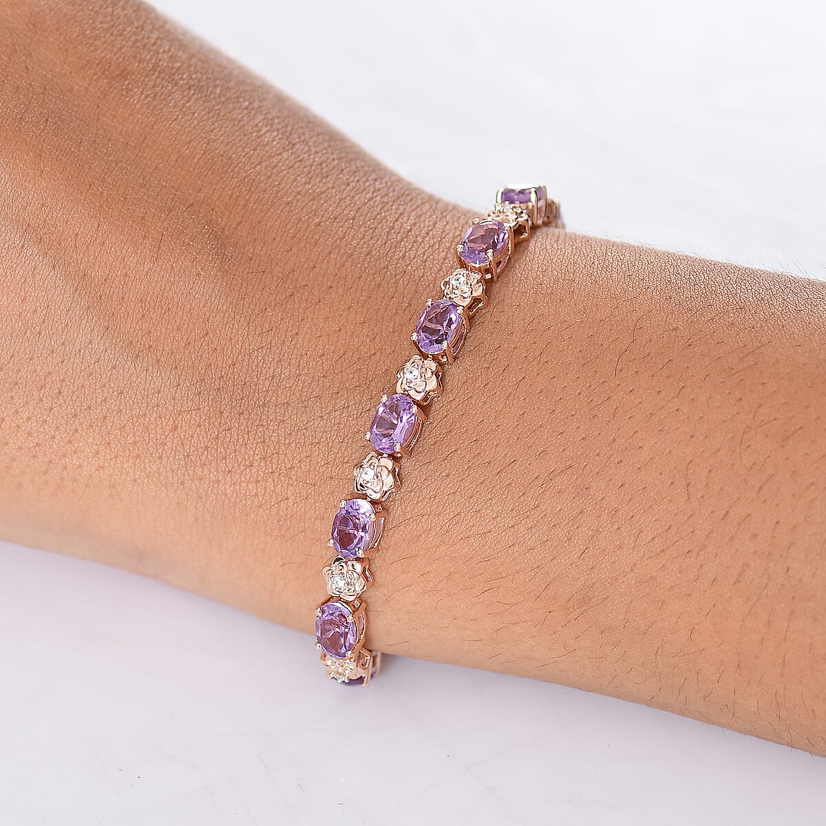 GP Italian Garden Collection Rose De France Amethyst and White Zircon 12.60 ctw Bracelet in 18K Vermeil Rose Gold Over Sterling Silver (8.00 In) image number 2