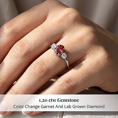 Premium Color Change Garnet and G-H SI Luxuriant Lab Grown Diamond 1.20 ctw Ring in Rhodium Over Sterling Silver (Size 10.0)