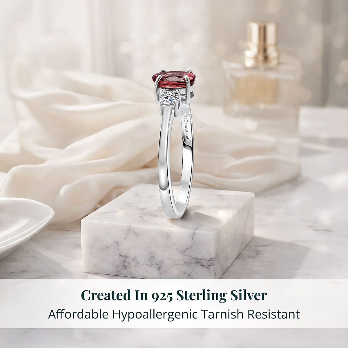 Premium Color Change Garnet and G-H SI Luxuriant Lab Grown Diamond 1.20 ctw Ring in Rhodium Over Sterling Silver (Size 9.0) image number 2