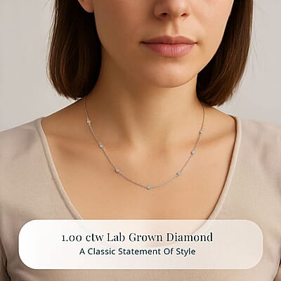 Luxuriant Lab Grown Diamond SI 1.00 ctw Station Necklace in Rhodium Over Sterling Silver 18 Inches