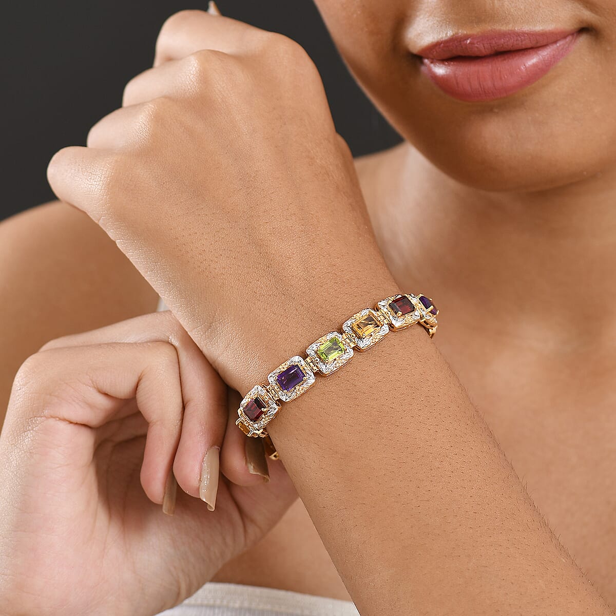 GP Italian Garden Collection Multi Gemstone 13.50 ctw Bracelet in Rhodium and 18K Vermeil Yellow Gold Over Sterling Silver (6.50 In) image number 3