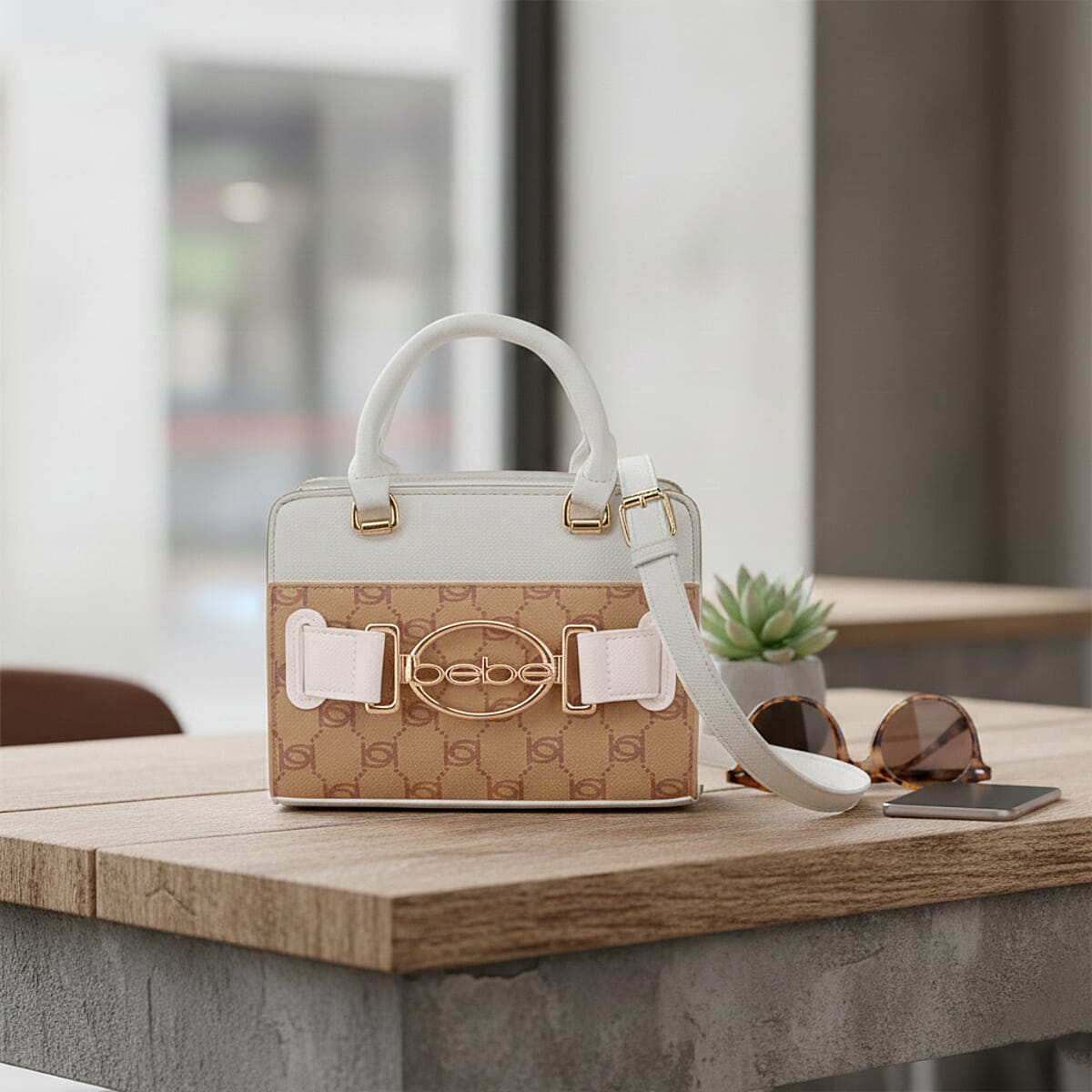 Closeout Bebe White and Almond Jacquard Crossbody Bag image number 1