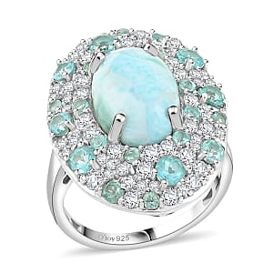 Larimar and Multi Gemstone 10.00 ctw Ocean Bubbles Ring in Rhodium Over Sterling Silver (Size 9.5)