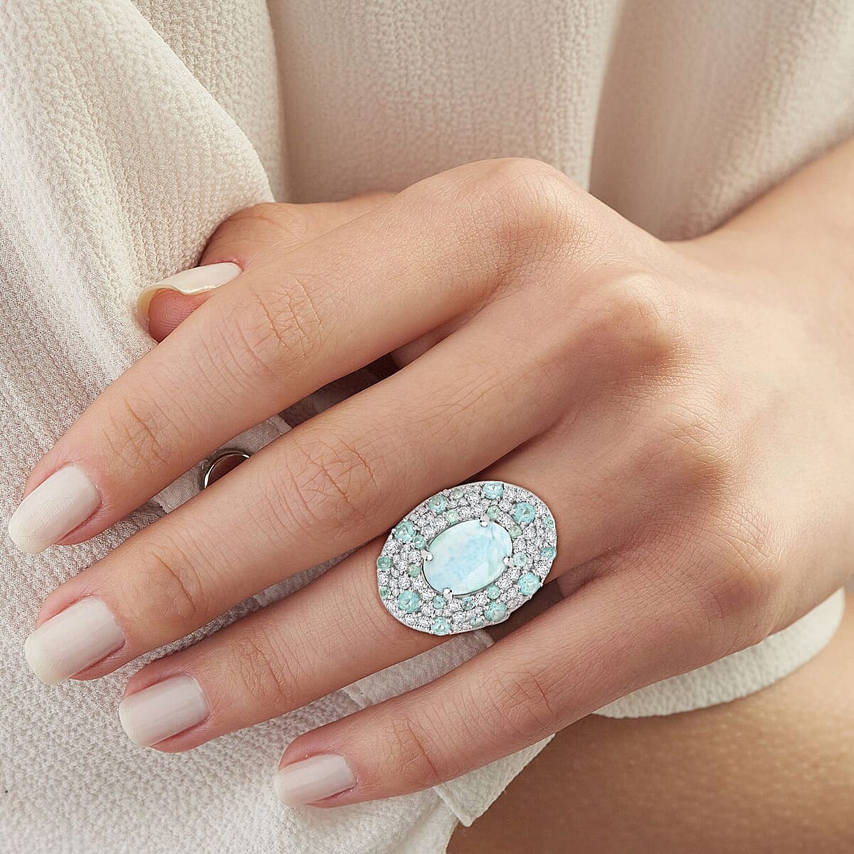 Larimar and Multi Gemstone 10.00 ctw Ocean Bubbles Ring in Rhodium Over Sterling Silver (Size 9.5) image number 2
