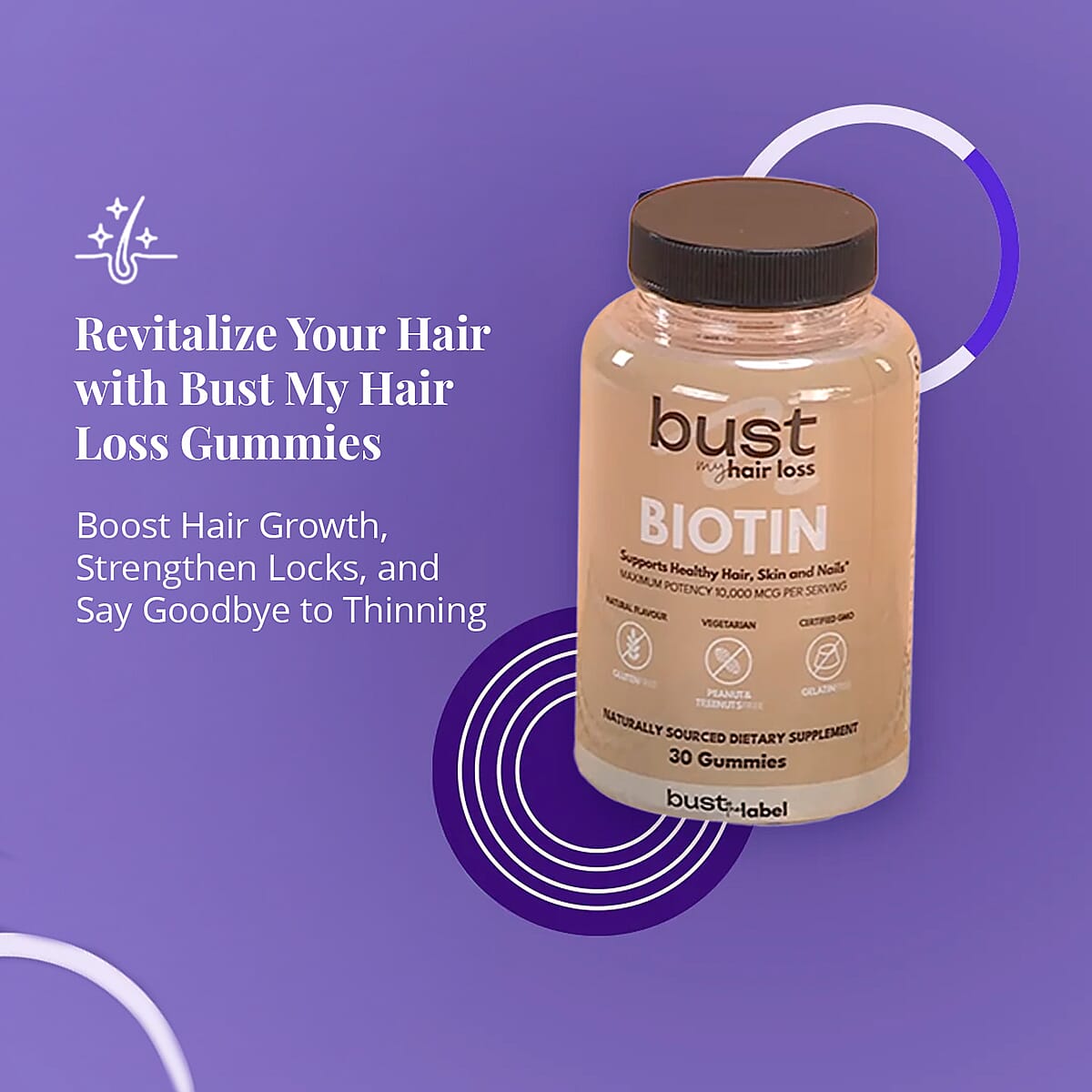 Bust My Hair Loss Biotin- Healthy Hair, Skin & Nails Dietary Supplement (30 Gummies) (Ships in 3-5 Business Days)  image number 1