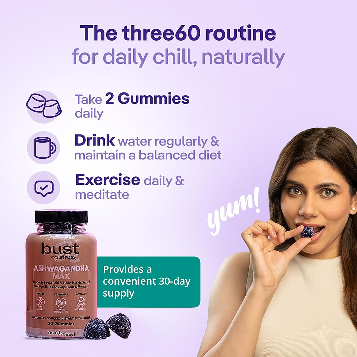 Bust My Stress Ashwagandha Max- Stress Relief, Heart Health, Focus & Memory Dietary Supplement (30 Gummies) (Ships in 3-5 Business Days)  image number 1