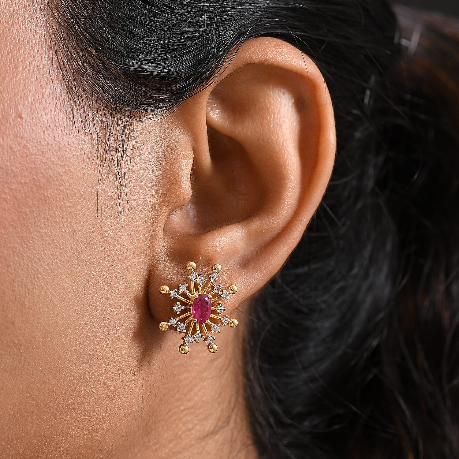 D'Joy African Ruby (FF) and White Zircon 1.85 ctw Earrings in 18K YG Plated Sterling Silver