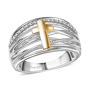 D'Joy Line of faith Ring in 18K Vermeil YG and Rhodium Over Sterling Silver (Size 10.0) 4.45 Grams