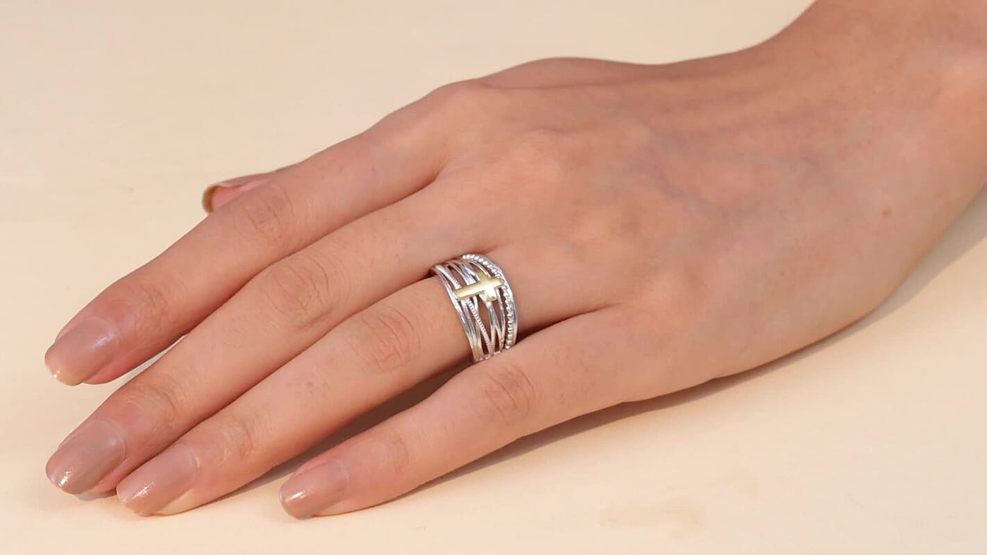 D'Joy 18K Vermeil YG and Rhodium Over Sterling Silver Cross Ring (Size 10.0) (4.45 g)