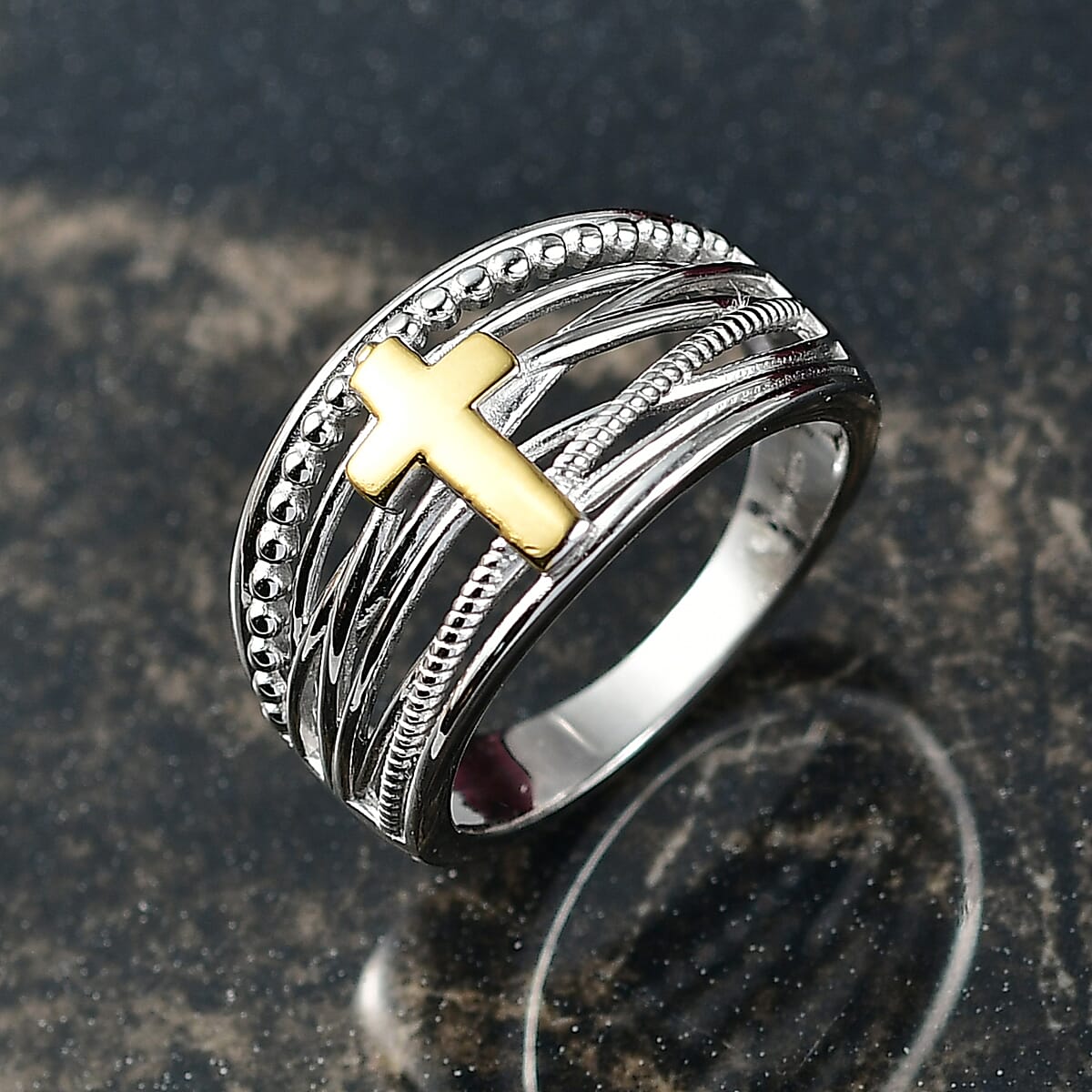 D'Joy 18K Vermeil YG and Rhodium Over Sterling Silver Cross Ring (Size 10.0) (4.45 g) image number 1