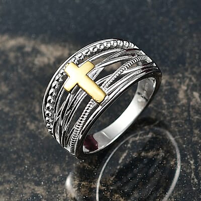 D'Joy Line of faith Ring in 18K Vermeil YG and Rhodium Over Sterling Silver (Size 10.0) 4.45 Grams