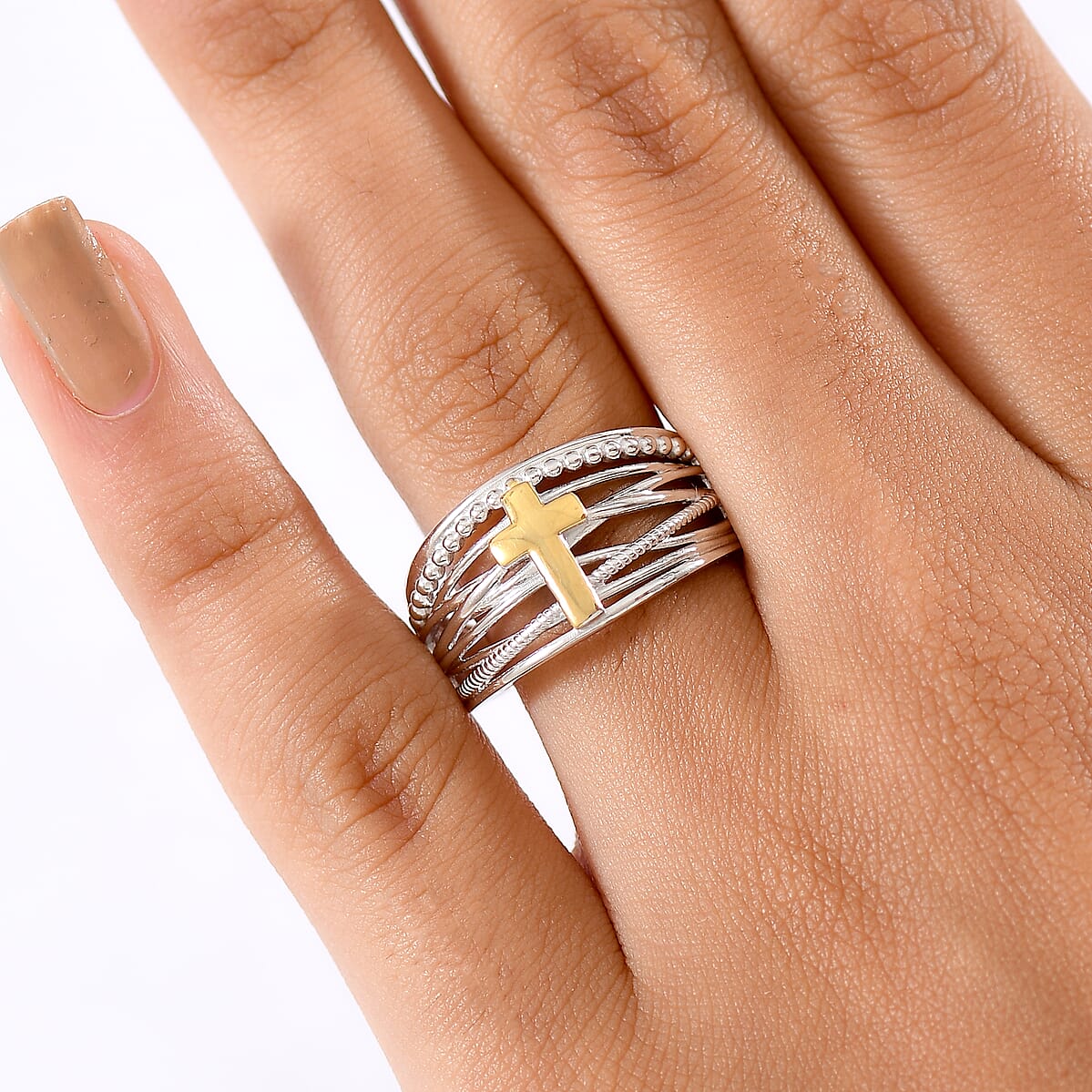 D'Joy 18K Vermeil YG and Rhodium Over Sterling Silver Cross Ring (Size 10.0) (4.45 g) image number 2