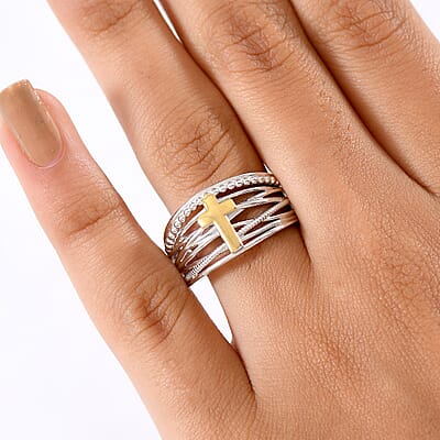 D'Joy Line of faith Ring in 18K Vermeil YG and Rhodium Over Sterling Silver (Size 10.0) 4.45 Grams