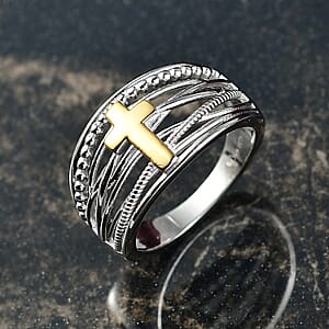 D'Joy Line of faith Ring in 18K Vermeil YG and Rhodium Over Sterling Silver (Size 6.0) 4.45 Grams