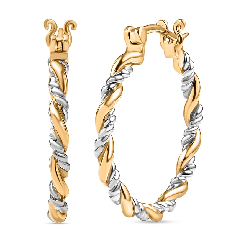 D'Joy Two-tone Twisted Hoop Earrings in 18K Vermeil YG and Rhodium Over Sterling Silver 5 Grams