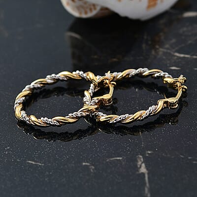 D'Joy Two-tone Twisted Hoop Earrings in 18K Vermeil YG and Rhodium Over Sterling Silver 5 Grams