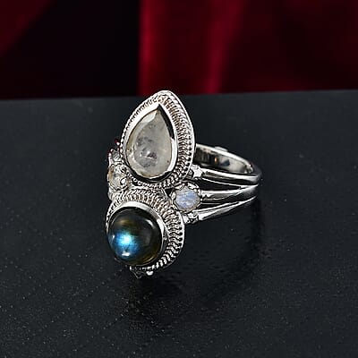 EverTrue AAA Malagasy Labradorite, Rainbow Moonstone Ring in Platinum Bond 4.40 ctw (Size 10.0)