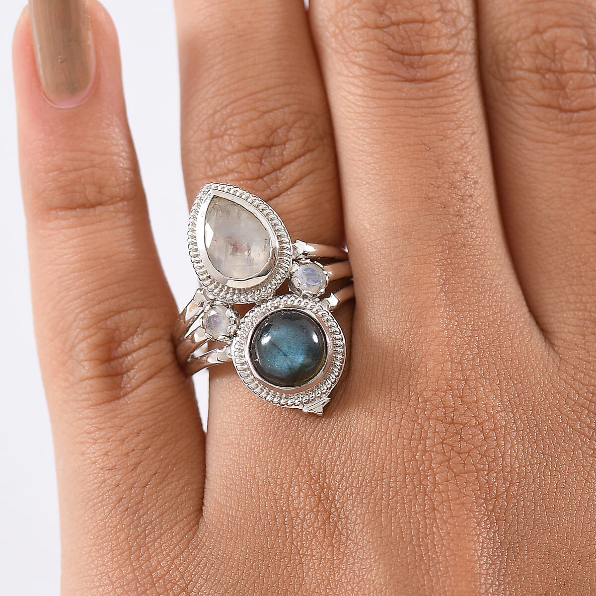 EverTrue AAA Malagasy Labradorite and Rainbow Moonstone 4.40 ctw Ring in Platinum Bond (Size 10.0) image number 2