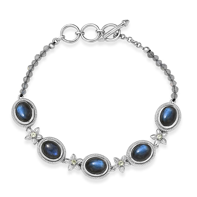 EverTrue Malagasy Labradorite and Peridot 36.90 ctw Bloomline Bracelet in Platinum Bond (7.25 In)