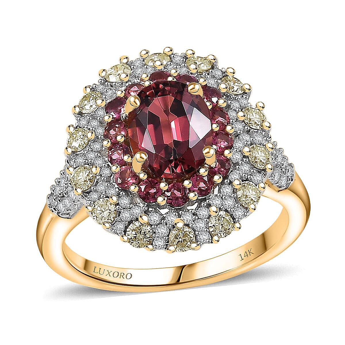 Luxoro AAAA Rubellite, Natural Yellow and White Diamond I2 2.65 ctw Empress Flame Ring in 14K Yellow Gold (Size 6.0) image number 0