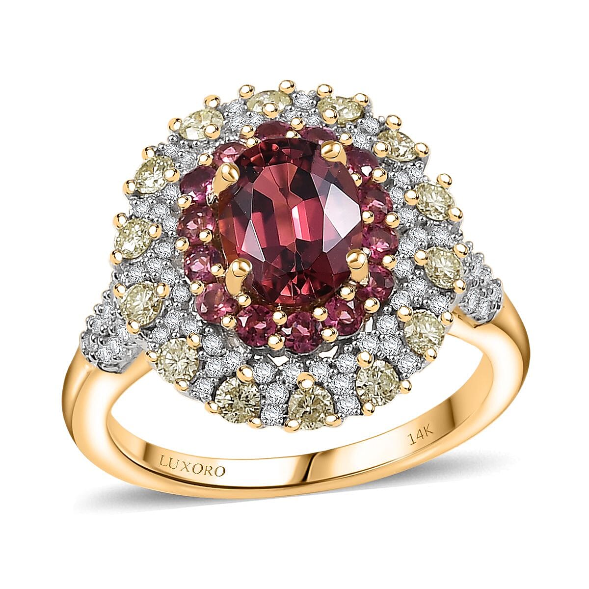 Luxoro AAA Ouro Fino Rubellite, Natural Yellow and White Diamond I2 2.65 ctw Empress Flame Ring in 14K Yellow Gold (Size 7.0) image number 0