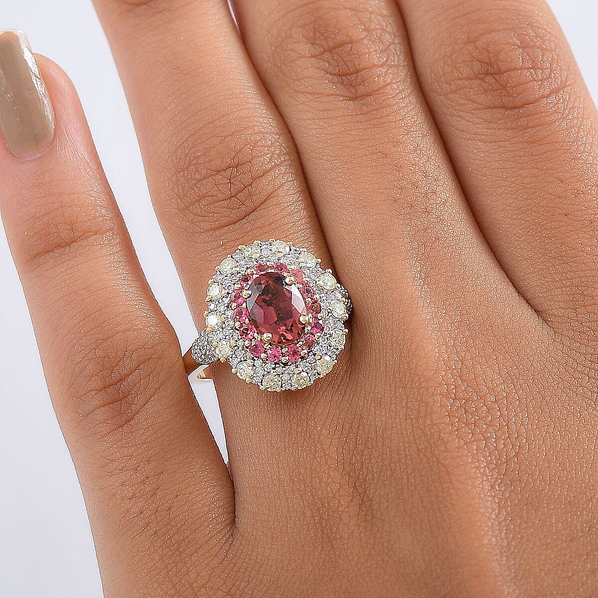 Luxoro AAAA Rubellite, Natural Diamond Ring in 14K Yellow Gold 2.65 ctw (Size 7.5) image number 2