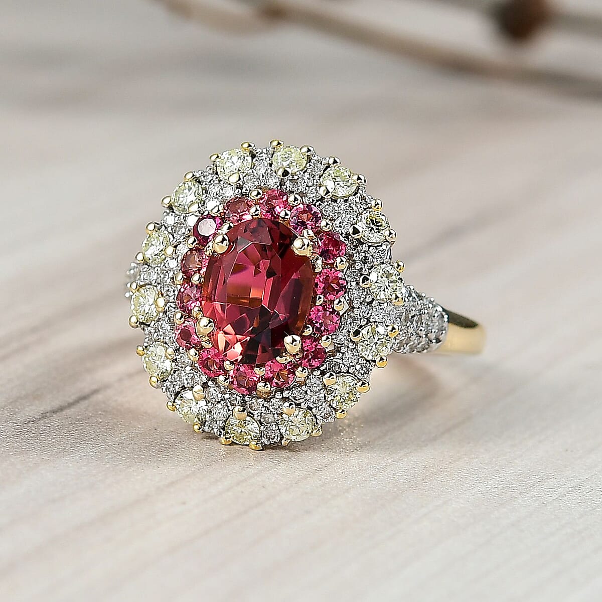 Luxoro AAAA Rubellite, Natural Diamond Ring in 14K Yellow Gold 2.65 ctw (Size 8.0) image number 1