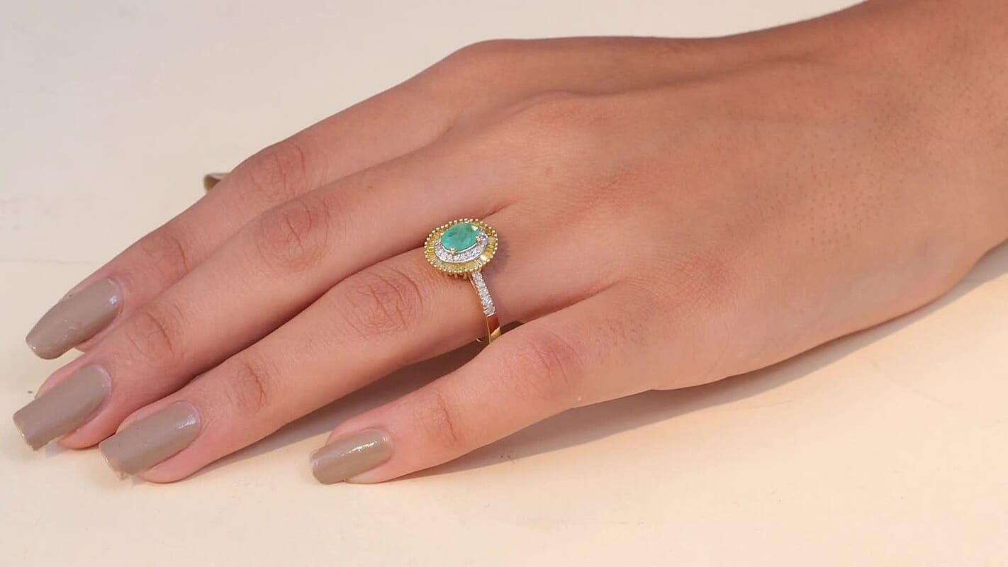 D'Joy Premium Kagem Zambian Emerald, Yellow Diamond (IR) and Diamond (0.50 cts) Ring in 18K Vermeil YG Over Sterling Silver (Size 10.0) 1.25 ctw