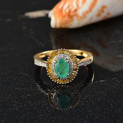 D'Joy Kagem Zambian Emerald, Yellow Diamond, Diamond Halo Ring in 18K Vermeil YG Over Sterling Silver 1.25 ctw (Size 10.0)