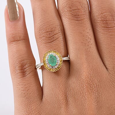 D'Joy Kagem Zambian Emerald, Yellow Diamond, Diamond Halo Ring in 18K Vermeil YG Over Sterling Silver 1.25 ctw (Size 10.0)