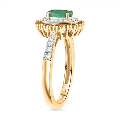 D'Joy Kagem Zambian Emerald, Yellow Diamond, Diamond Halo Ring in 18K Vermeil YG Over Sterling Silver 1.25 ctw (Size 10.0)