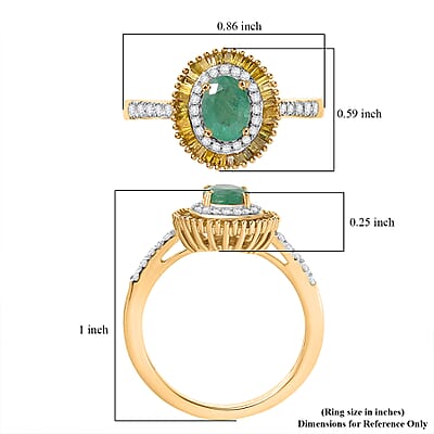 D'Joy Kagem Zambian Emerald, Yellow Diamond, Diamond Halo Ring in 18K Vermeil YG Over Sterling Silver 1.25 ctw (Size 10.0)