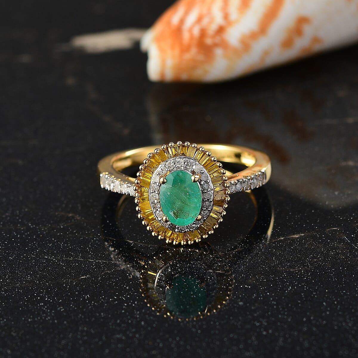 D'Joy Premium Kagem Zambian Emerald, Yellow and Diamond 1.25 ctw Halo Ring in 18K Vermeil Yellow Gold Over Sterling Silver (Size 6.0) image number 1