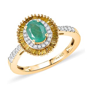 D'Joy Kagem Zambian Emerald, Yellow Diamond, Diamond Halo Ring in 18K Vermeil YG Over Sterling Silver 1.25 ctw (Size 7.0)