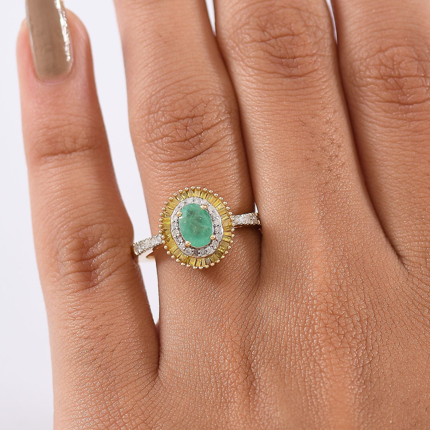 D'Joy Kagem Zambian Emerald, Yellow Diamond, Diamond Halo Ring in 18K Vermeil YG Over Sterling Silver 1.25 ctw (Size 7.0)
