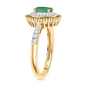 D'Joy Kagem Zambian Emerald, Yellow Diamond, Diamond Halo Ring in 18K Vermeil YG Over Sterling Silver 1.25 ctw (Size 7.0)