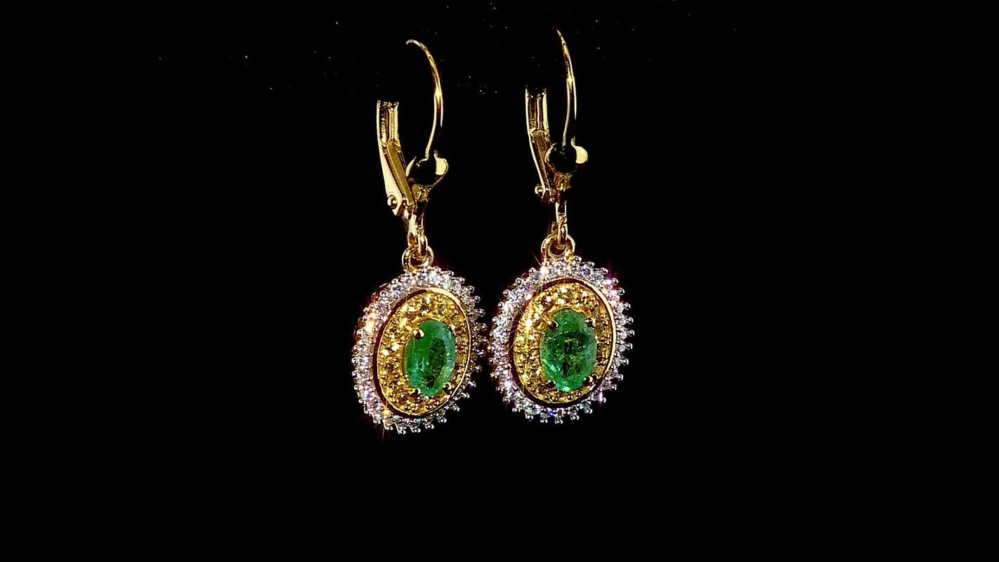 D'Joy Premium Kagem Zambian Emerald and Multi Gemstone 1.35 ctw Earrings in 18K Vermeil Yellow Gold Over Sterling Silver