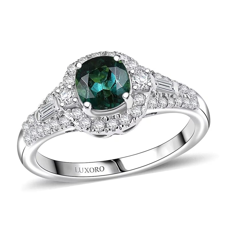 Certified & Appraised Luxoro 10K White Gold AAA Lagoon Tourmaline, Diamond (G-H,I2) (0.44 cts) Ring (Size 11.0) 1.33 ctw