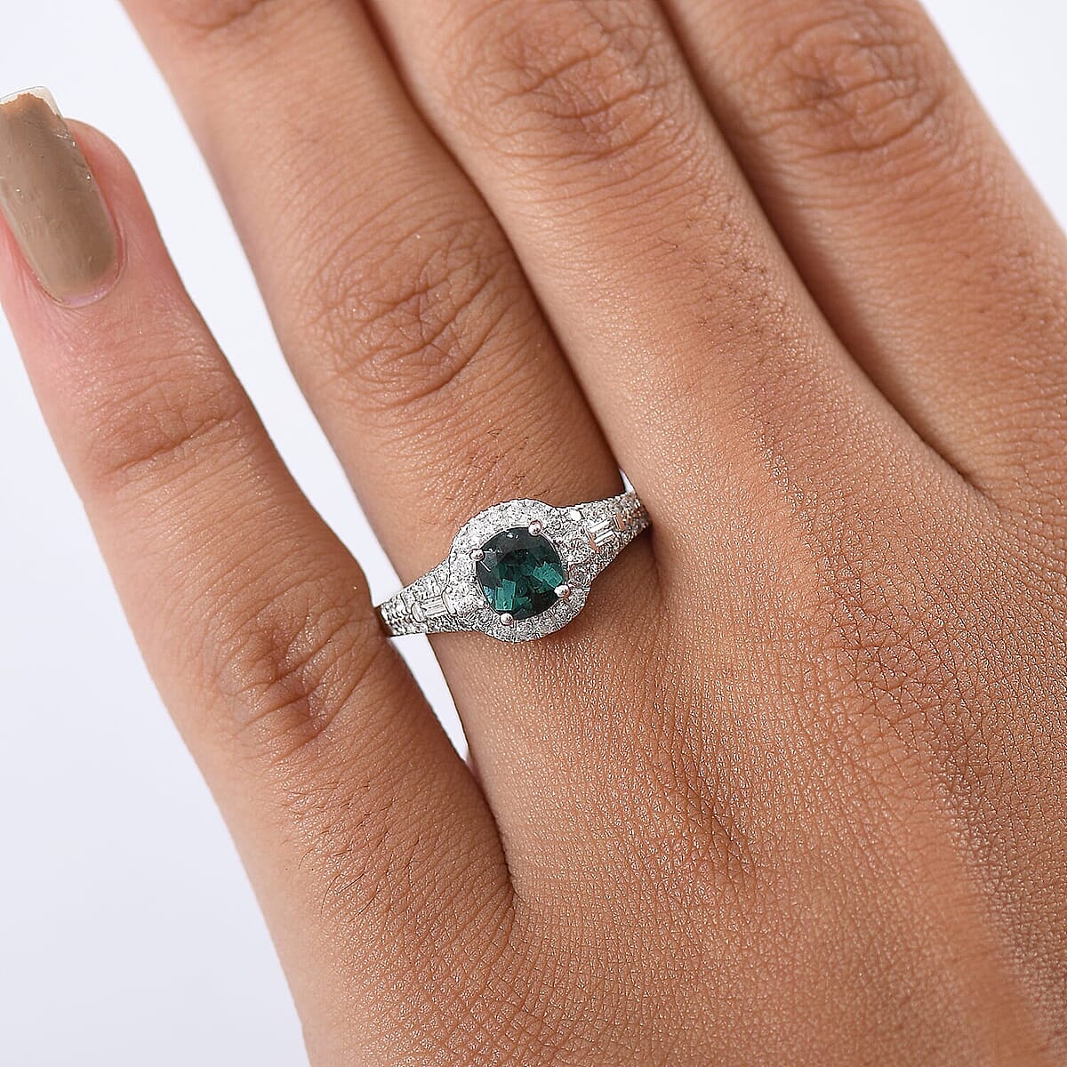 Certified & Appraised Luxoro 10K White Gold AAA Lagoon Tourmaline, Diamond (G-H,I2) (0.44 cts) Ring (Size 8.5) 1.33 ctw image number 2