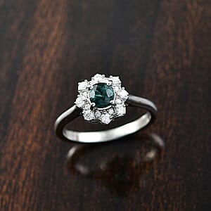 D'Joy Lagoon Tourmaline and Moissanite 0.75 ctw Ring in Rhodium Over Sterling Silver (Size 10.0)