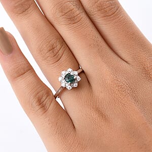D'Joy Lagoon Tourmaline and Moissanite 0.75 ctw Ring in Rhodium Over Sterling Silver (Size 10.0)