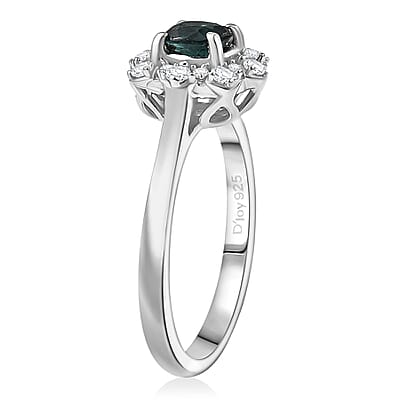 D'Joy Lagoon Tourmaline and Moissanite 0.75 ctw Ring in Rhodium Over Sterling Silver (Size 10.0)