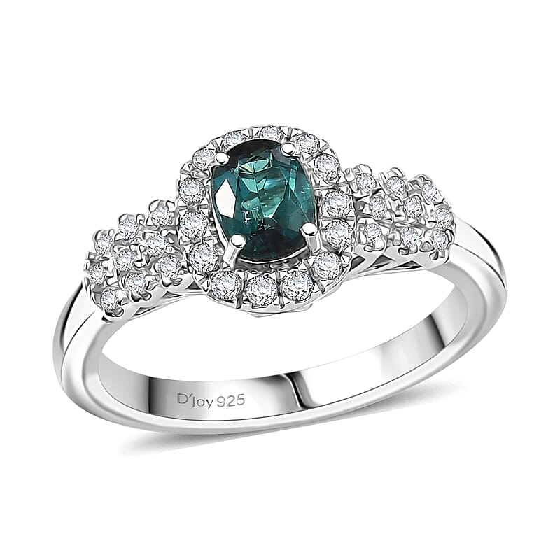 D'Joy Pirineu Lagoon Tourmaline and Moissanite 1.00 ctw Ring in Rhodium Over Sterling Silver (Size 10.0)