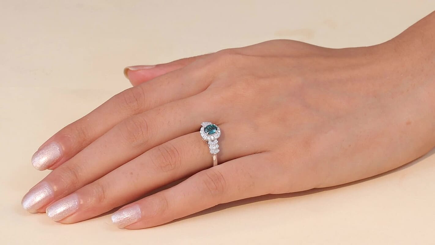 D'Joy Lagoon Tourmaline ,  Moissanite  Main Stone With Side Stone Ring in Rhodium OverSterling Silver 0.99 ctw