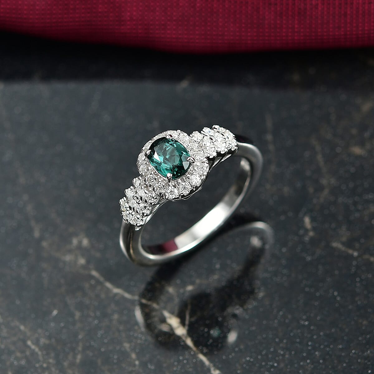 D'Joy Lagoon Tourmaline ,  Moissanite  Main Stone With Side Stone Ring in Rhodium OverSterling Silver 0.99 ctw image number 1