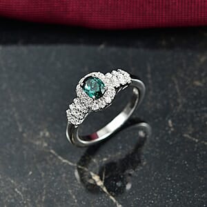D'Joy Pirineu Lagoon Tourmaline and Moissanite 1.00 ctw Ring in Rhodium Over Sterling Silver (Size 10.0)